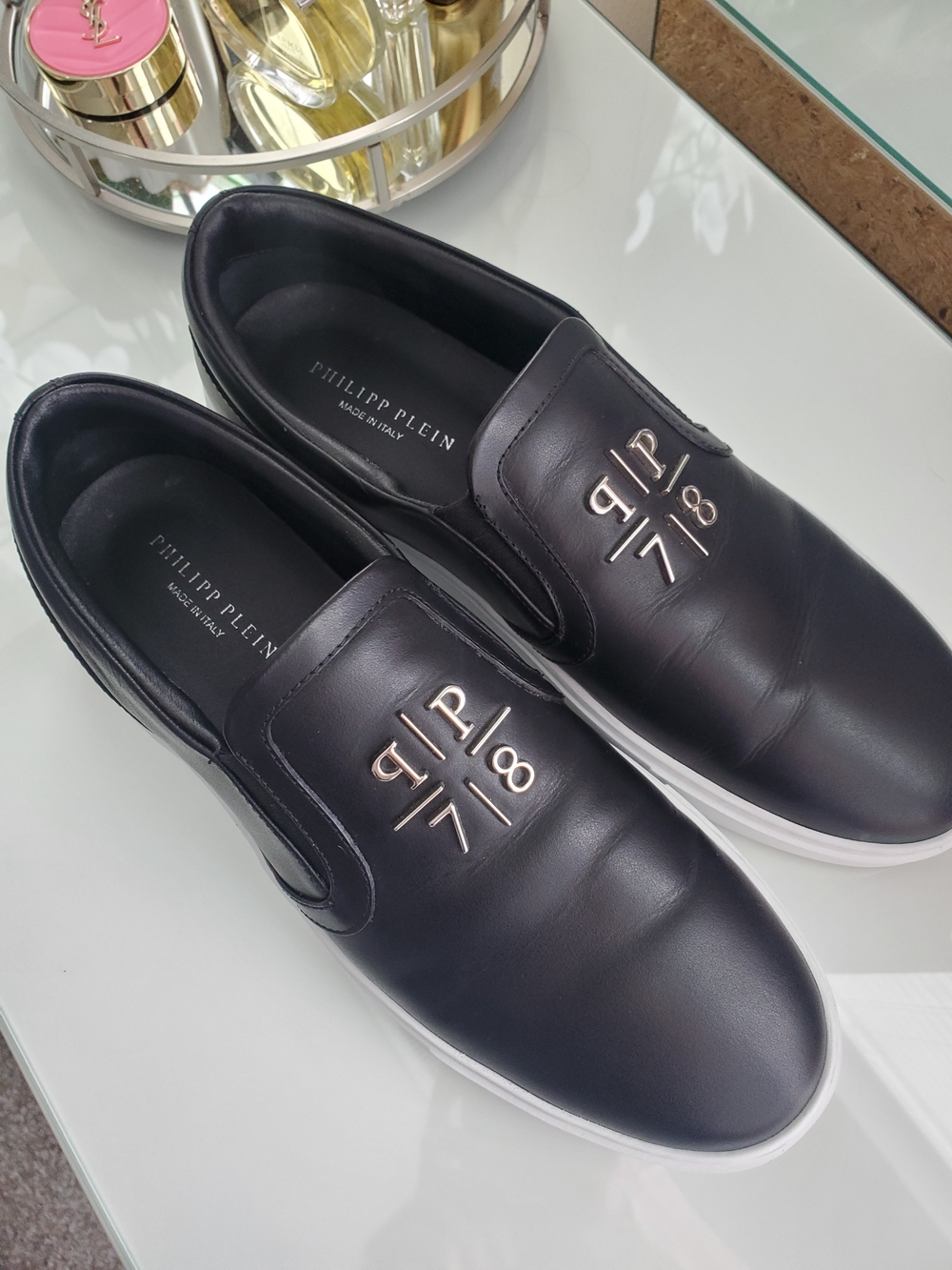 Philipp Plein Unisex Black Leather Slip-On Sneakers Sz 41